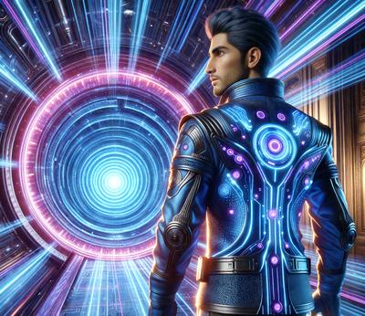 The primary subject of the image is a man wearing a blue and purple jacket with a holographic design. He is standing in front of a large, colorful circle, which serves as the setting or background of the scene. The visual style of the image is digital art, as it appears to be a computer-generated or digitally rendered scene. The colors and mood of the image are vibrant and energetic, with the blue and purple jacket and the bright, holographic circle creating a sense of movement and excitement.